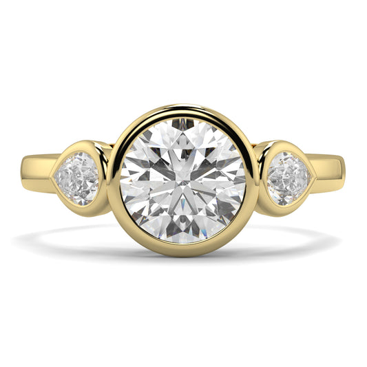 Gold ring with a central diamond and two smaller diamonds on a white background yb jewellers vintage athena ring design with 3 round diamonds best selling design and trending engagement ring