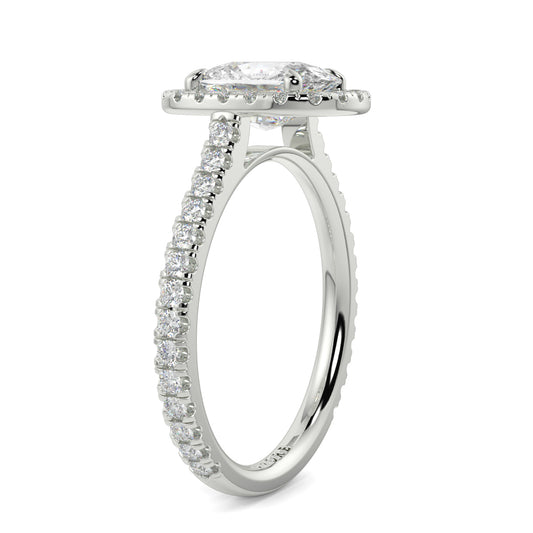 Diamond ring with a central gemstone and smaller diamonds on a white YB Jewellers engagement ring best value background