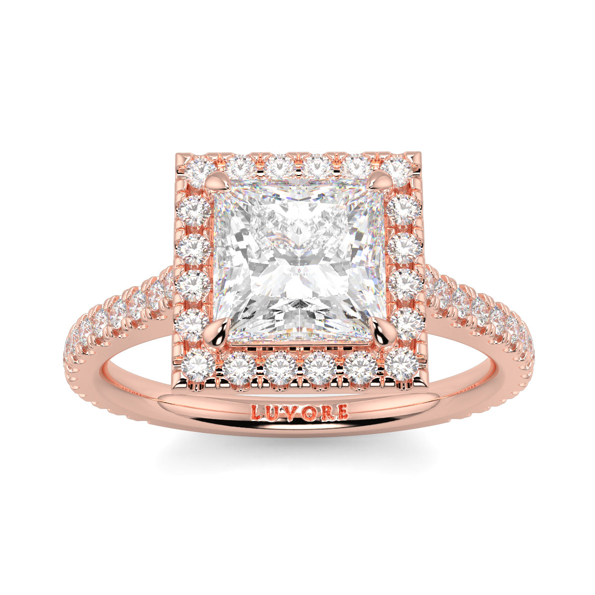 Rose gold ring with a large diamond and smaller diamonds on a white yb jewellers engagement ring princess cut diamond ring tiger claws background