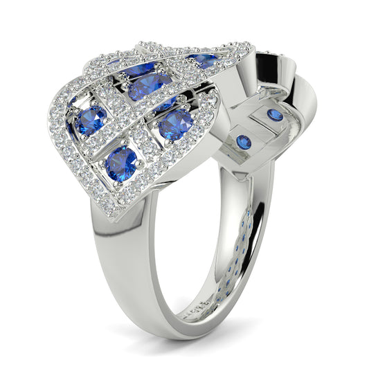 Silver ring with blue gemstones on a white background yb jewellers best selling eternity rin design in diamonds and sapphires micro setting diamond band