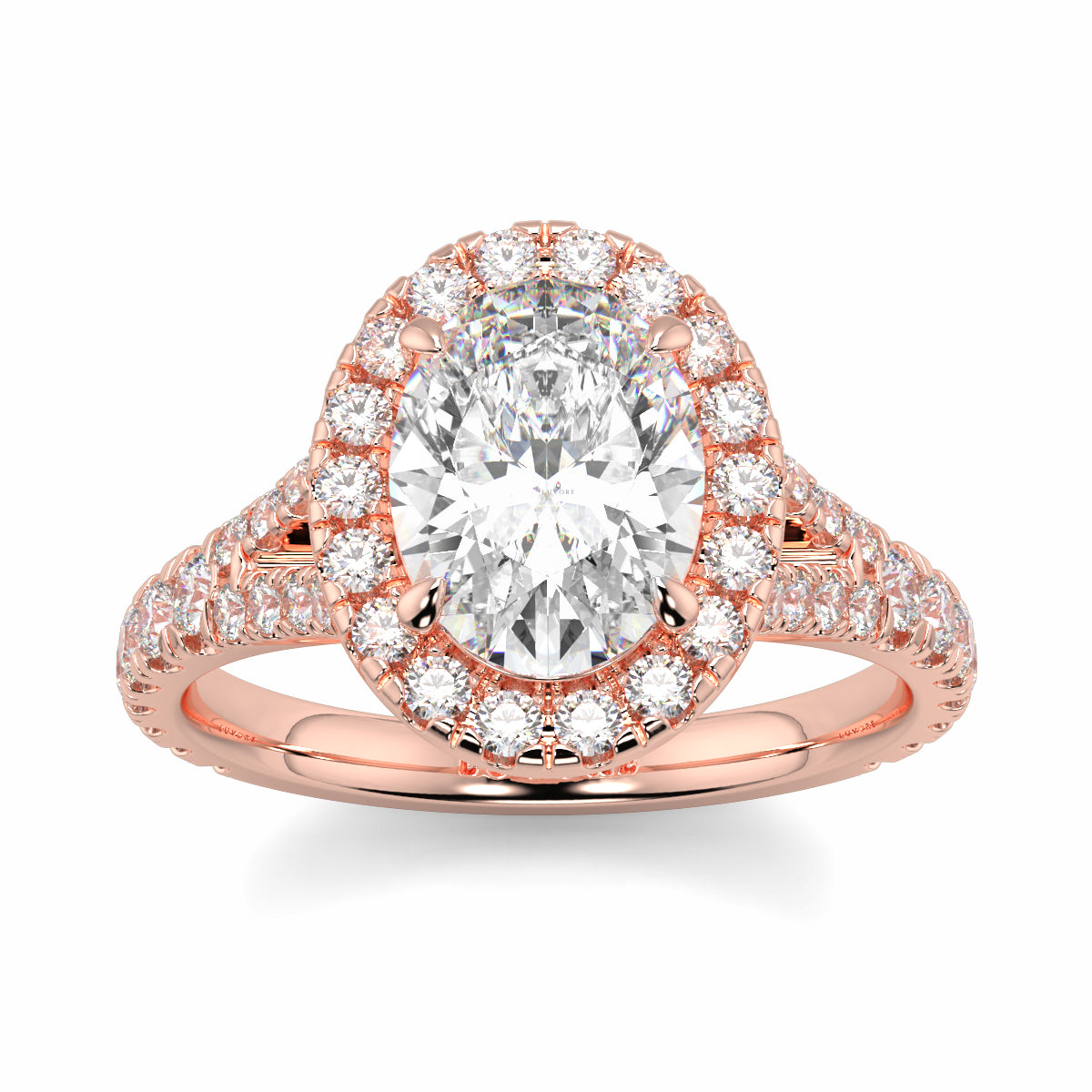 Rose gold ring with a large diamond and smaller diamonds on a white Yb jewellers oval diamond halo platinum diamond engagement ring bestseller trending design background