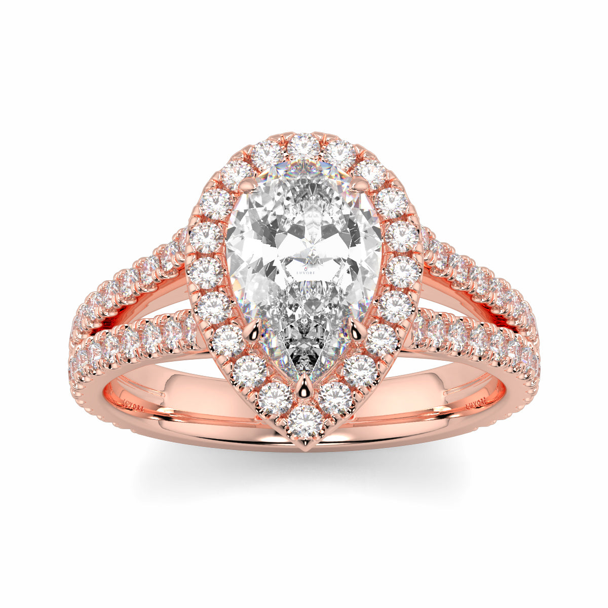 Rose gold ring with a pear-shaped diamond and smaller diamonds on a white background yb jewellers twist halo pear shape engagement diamond ring best selling design ring and trending design 2026