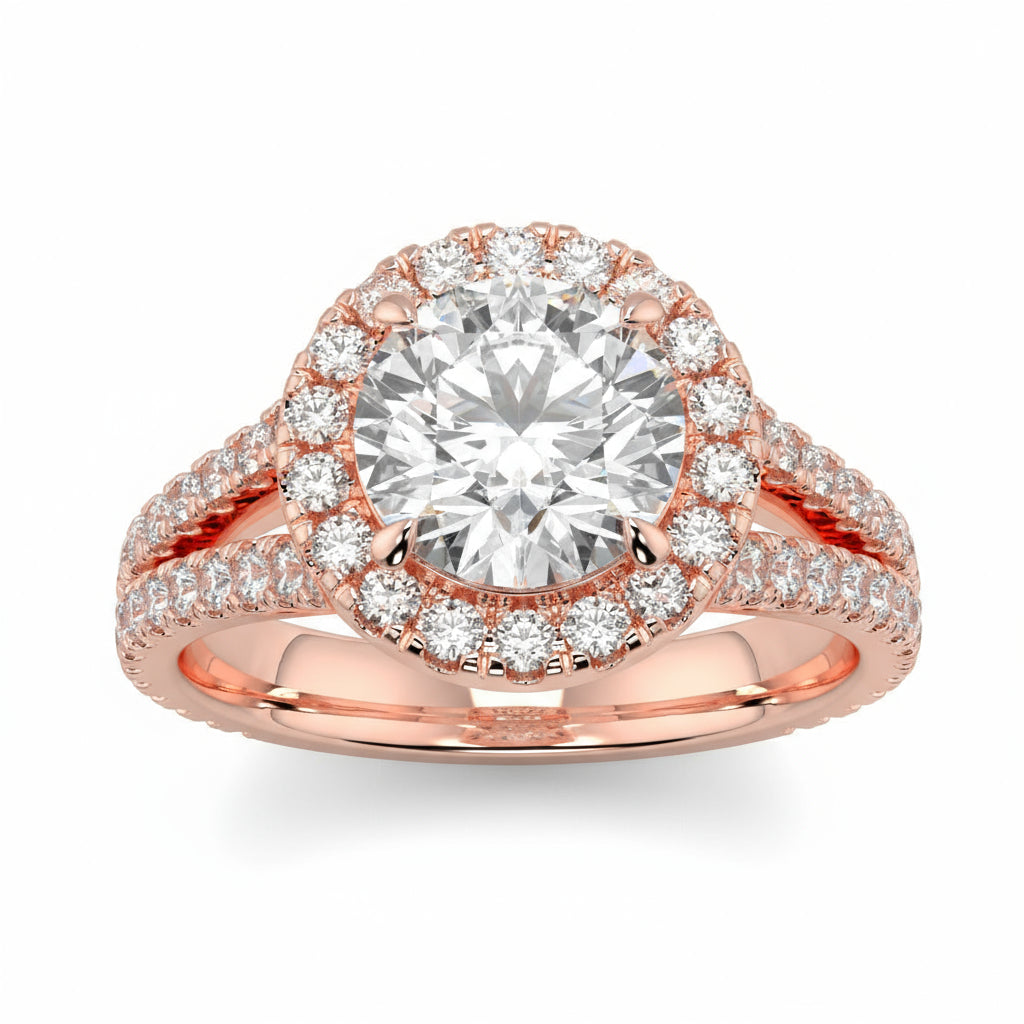 Rose gold diamond ring with branding on a white background yb jewellers twist halo round shape engagement diamond ring best selling design ring and trending design 2026