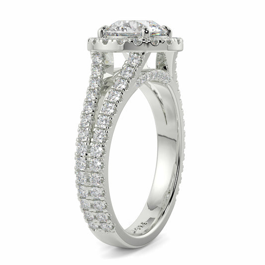 Silver ring with diamond accents on a white background yb jewellers twist halo round shape engagement diamond ring best selling design ring and trending design 2026