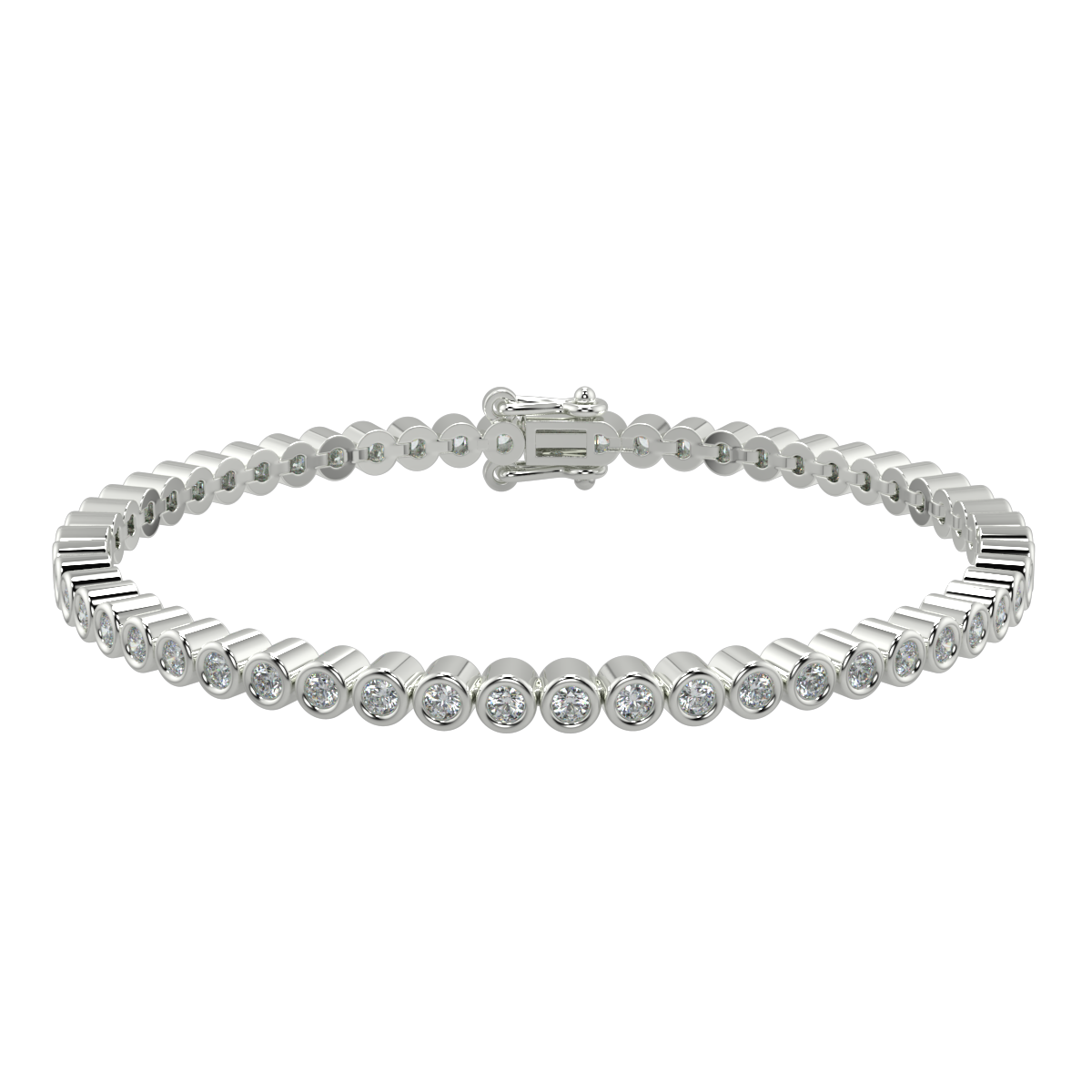 Silver bracelet with clear stones on a white background Diamond_Bracelet_Rubover_bezel_set_yb Jewellers_platinum_rose_gold_y