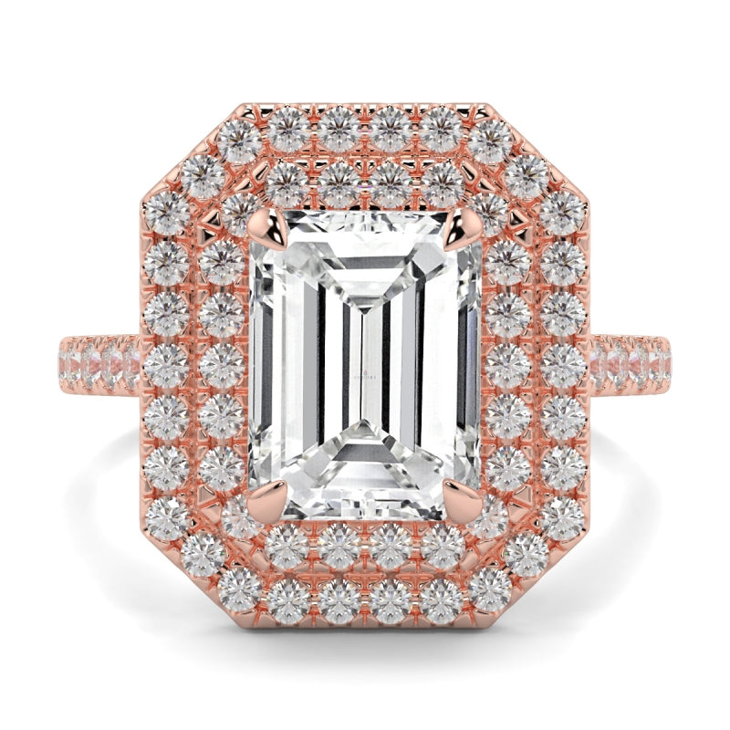 Double Halo Emerald Shape Ring