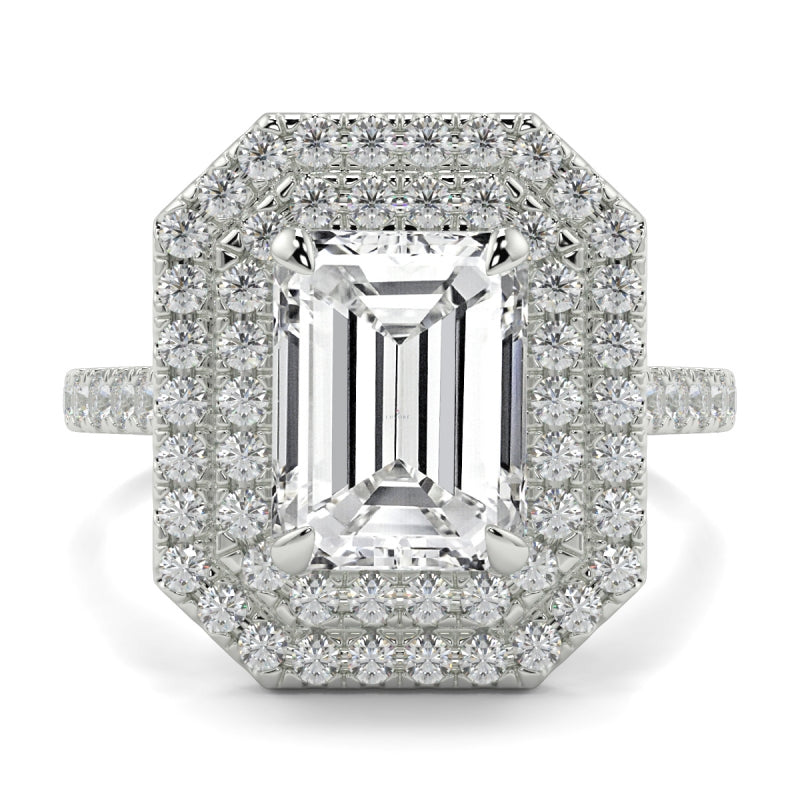 Double Halo Emerald Shape Ring