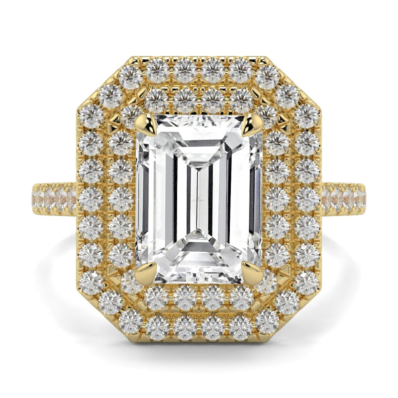 Double Halo Emerald Shape Ring