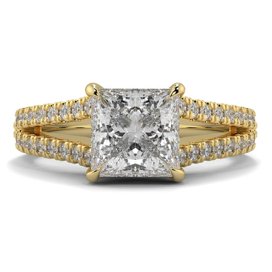 Gold ring with a large diamond and smaller diamonds on the band against a white background Yb jewellers engagement ring straight band