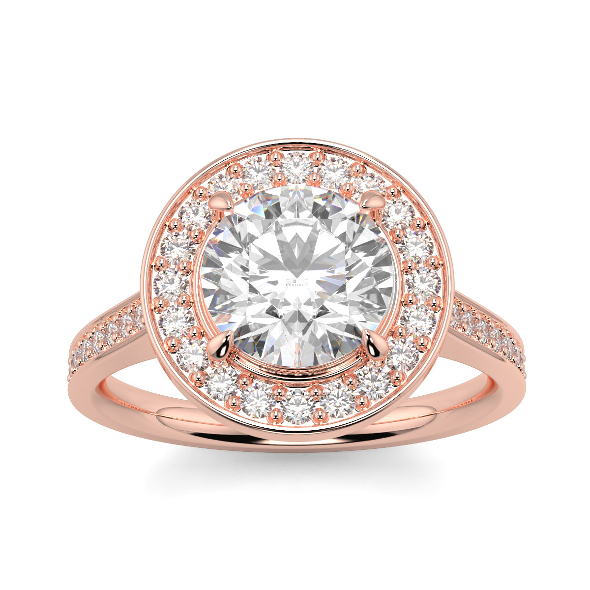 Rose gold ring with a large diamond and smaller diamonds around on a white background engagement ring Yb jewellers trending design