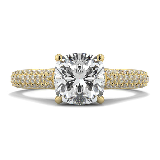 Gold ring with a large diamond and smaller diamonds on the band against a white background Yb jewellers engagement ring straight band