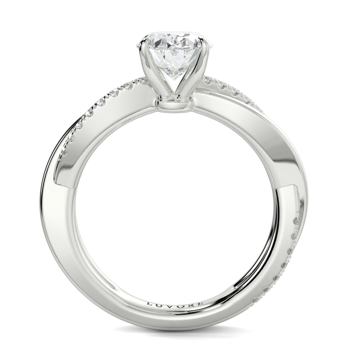 Diamond ring with 'LOVE' engraving on a white background Yb jewellers engagement ring twist band