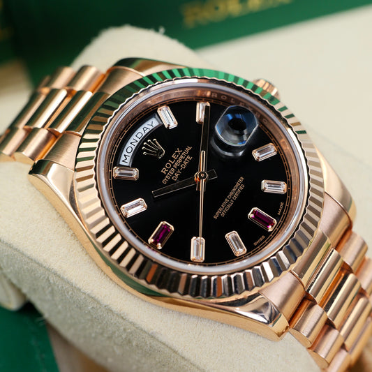 Rolex Day-Date II Rose Gold Ruby Dial 218235 - Full Set (2013)