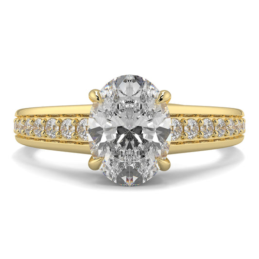 Gold ring with a large diamond and smaller diamonds on the band against a white background yb jewellers engagement ring