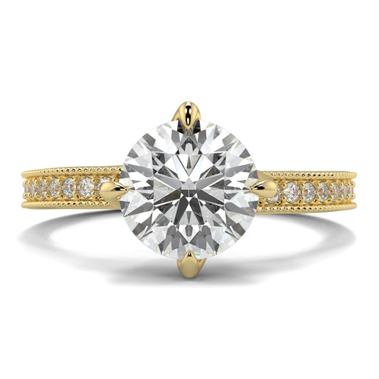 Gold ring with a large diamond and smaller diamonds on the band against a white background Yb jewellers engagement ring straight band