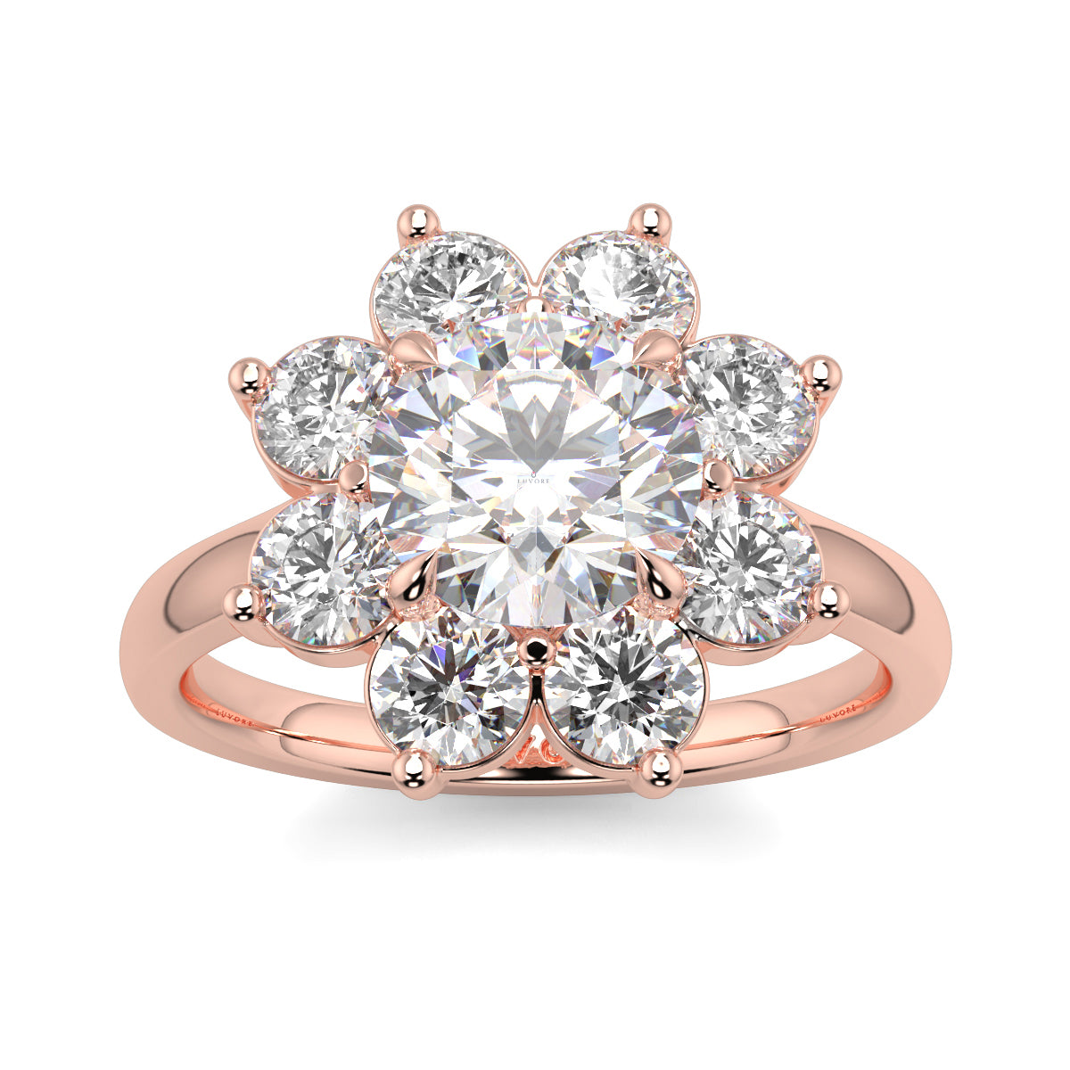 Rose gold ring with a diamond flower design on a white background yb jewellers cluster halo ring engagement ring grain set halo round shape plain band