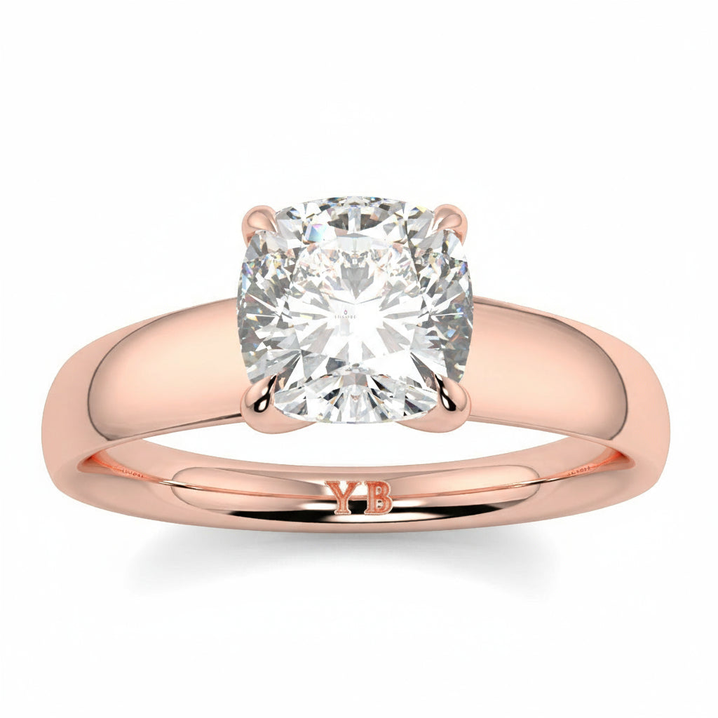 Rose gold ring with a large diamond on a white background yb_jewellers_solitaire_engagement_ring_4_claw_diamond_centre_lab_grown_diamond_round_brilliant_best_selling_engagement_ring