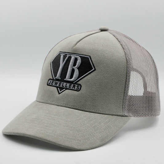 Gray cap with YB Jewellers logo on a light gray background