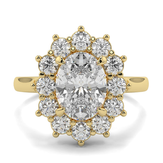 Gold ring with a central diamond and smaller diamonds around on a white background, Yb jewellers engagement ring with a cluster halo and oval diamond trending design
