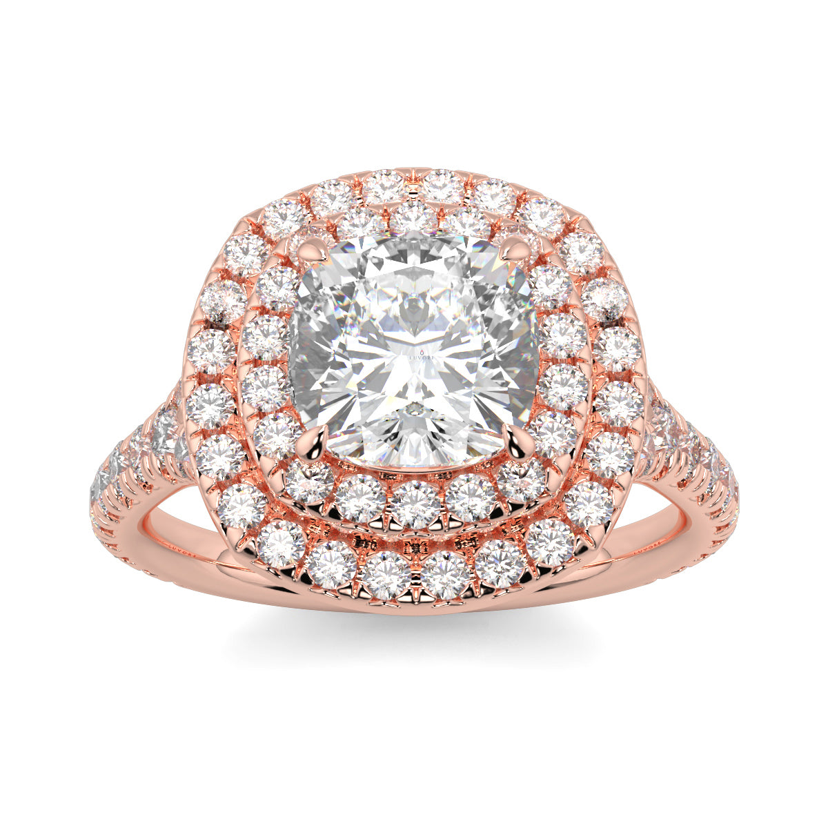 Rose gold ring with a large diamond and smaller diamonds on a white Yb jewellers trending design double halo ring background