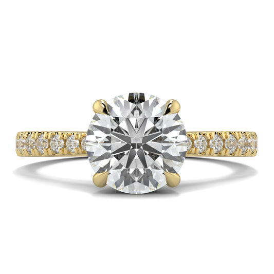 Gold ring with a large diamond and smaller diamonds on the band against a white background Yb jewellers engagement ring straight band