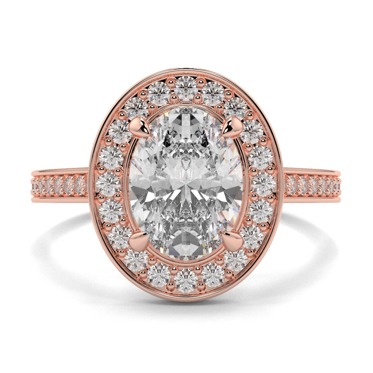 Rose gold ring with a large diamond and smaller diamonds around on a white background oval halo best sling design Yb Jewellers
