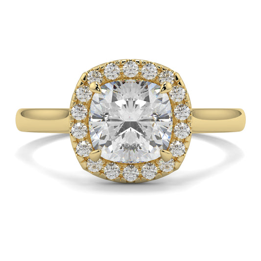 Gold ring with a large central diamond and smaller diamonds around on a white background single halo with plain shoulder diamond engagement ring yb jewellers best seller trending ring