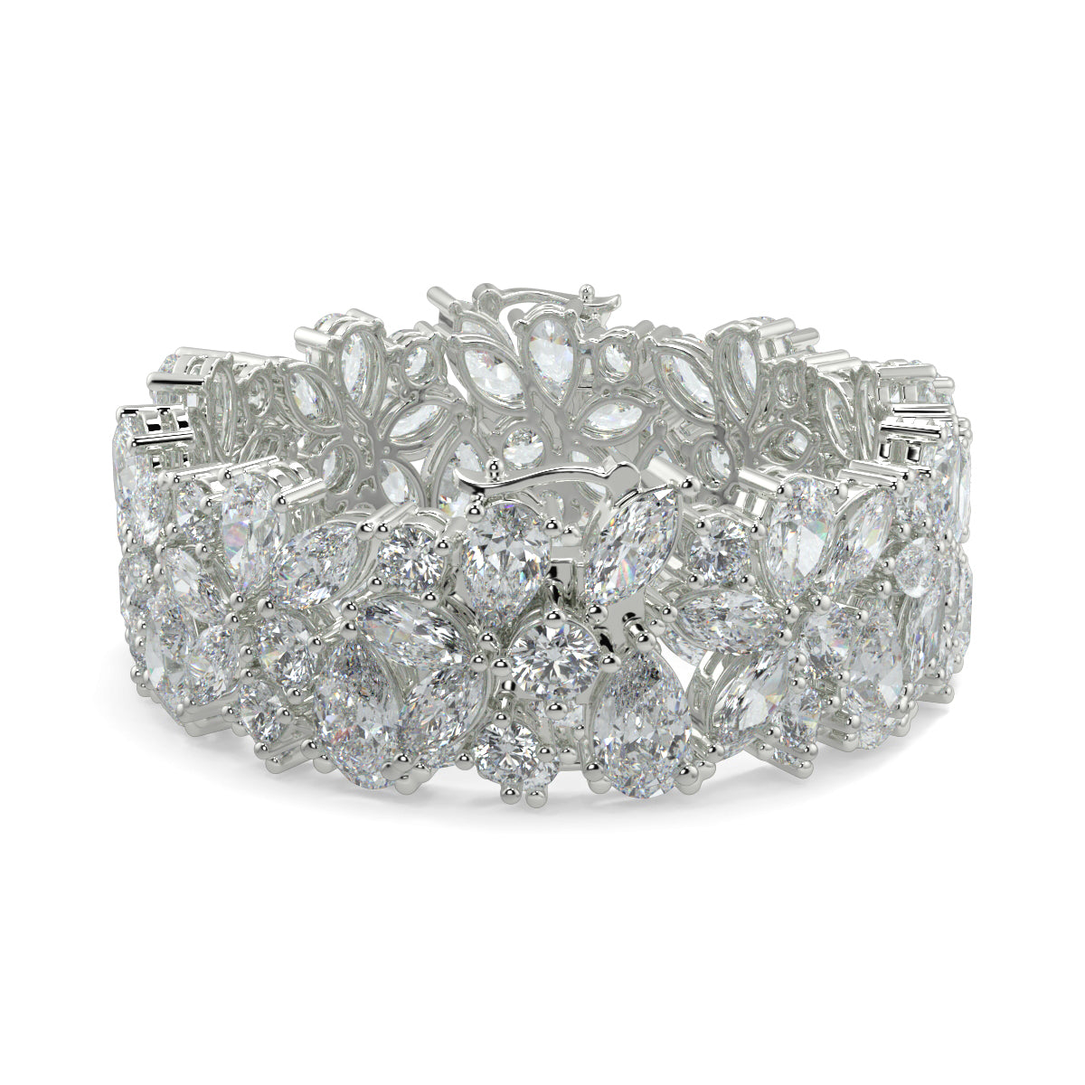 Silver bracelet with clear gemstones on a white background yb jewellers designer bracelet with fancy diamonds and set in platinum 18k white gold 