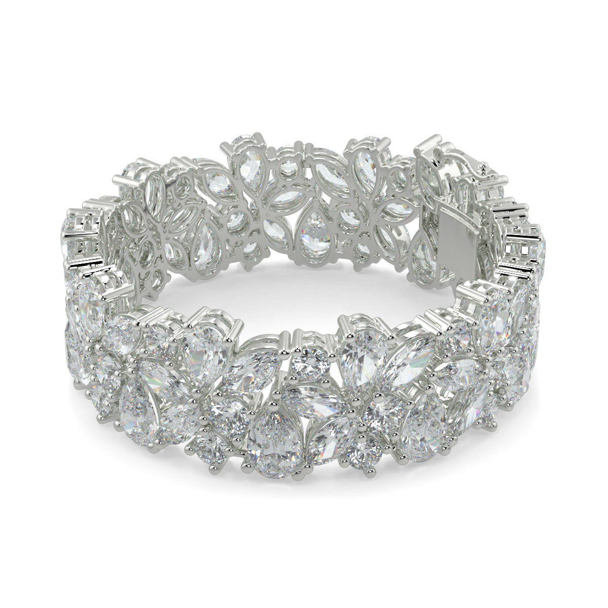 Silver bracelet with floral design on a white background  yb jewellers designer bracelet with fancy diamonds and set in platinum 18k white gold 