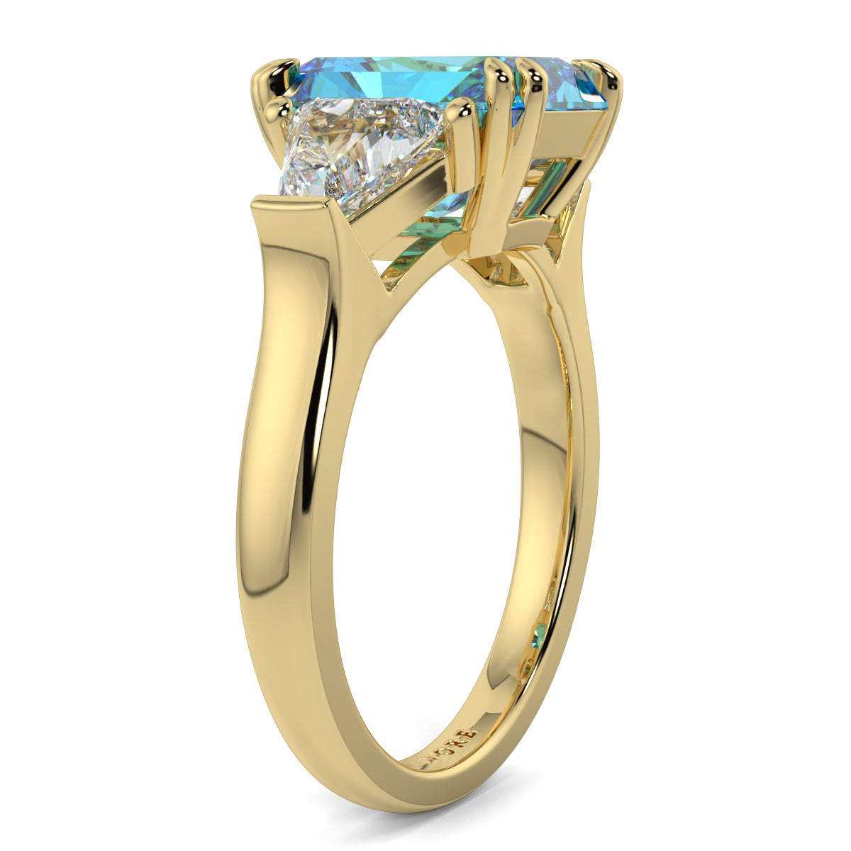 Gold ring with a blue gemstone and diamond on a white background Introducing daisy radient square blue lab grown diamond engagement ring set in yellow gold with lab grown side diamonds 18k yellow gold coloured diamond ring 
