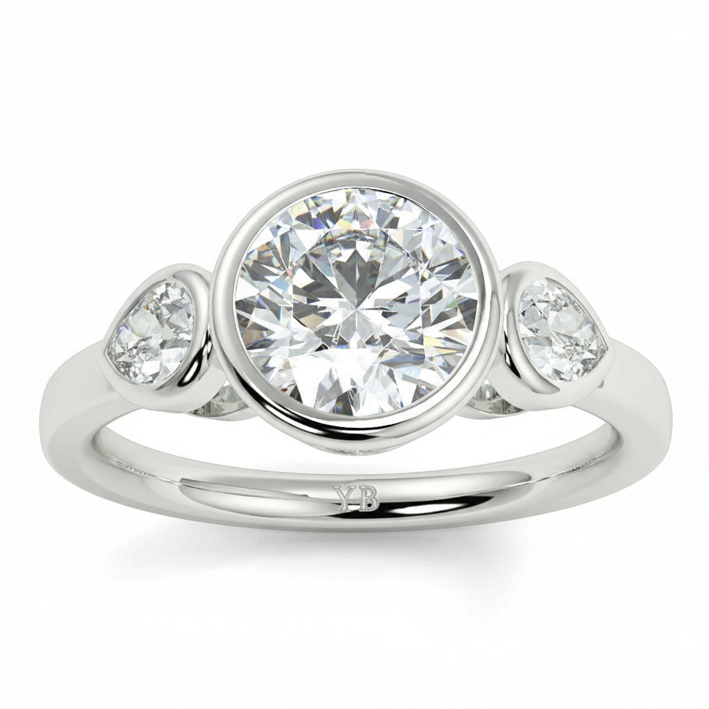 Diamond ring with three stones on a white background yb jewellers vintage athena ring design with 3 round diamonds best selling design and trending engagement ring 