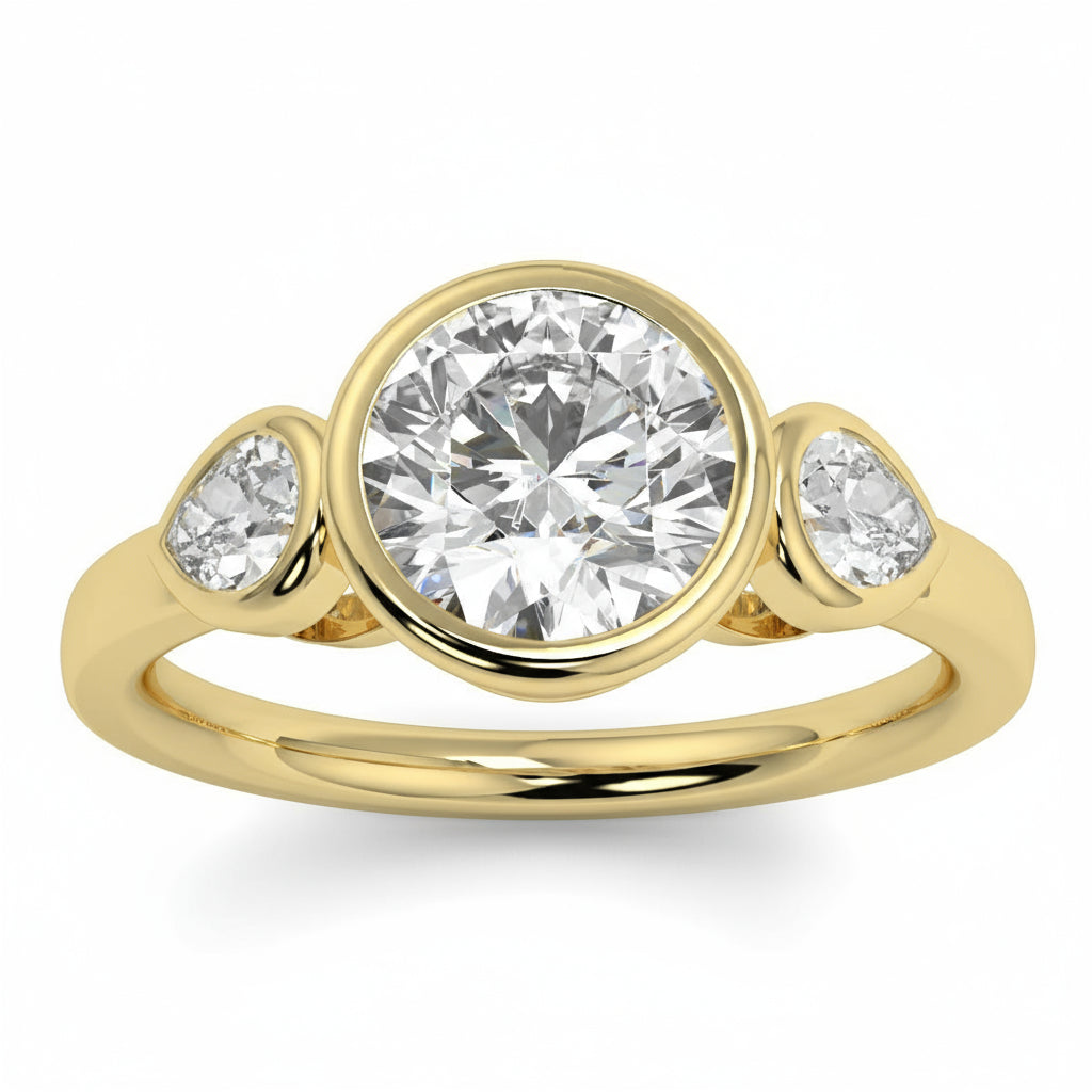 Gold ring with three diamonds on a white background yb jewellers vintage athena ring design with 3 round diamonds best selling design and trending engagement ring 