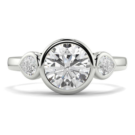 Silver ring with a large central diamond and two smaller diamonds on the sides against a white background yb jewellers vintage athena ring design with 3 round diamonds best selling design and trending engagement ring 