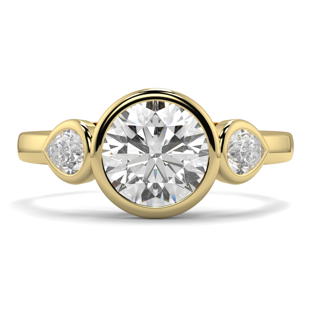 Gold ring with a central diamond and two smaller diamonds on a white background yb jewellers vintage athena ring design with 3 round diamonds best selling design and trending engagement ring 