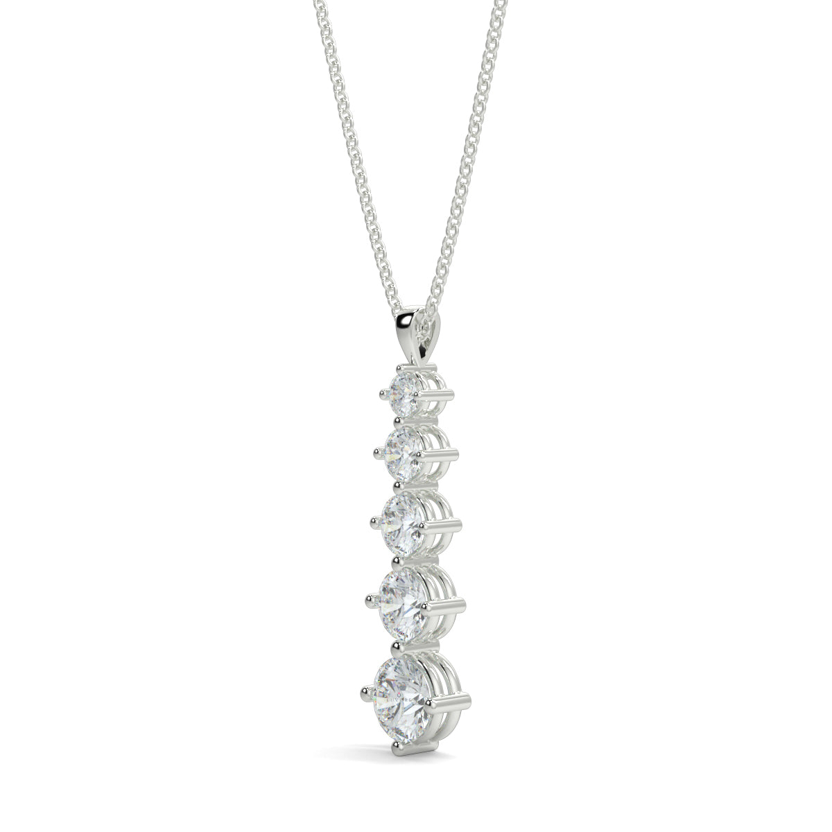 Close‑up: Aurora pendant showing 4‑claw setting and graduated round brilliant Diamond necklace on a white background