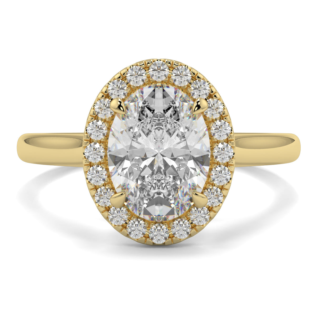 Gold ring with a large central diamond and smaller diamonds around on a white background yb jewellers iamond halo with plain shoulder oval shape 
