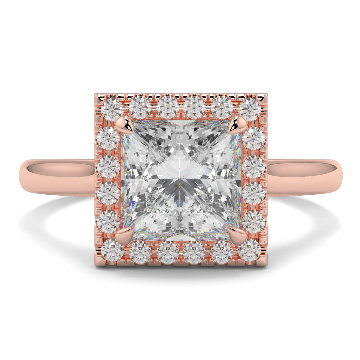 Rose gold ring with a large diamond and smaller diamonds around on a white background Yb jewellers princess cut diamond halo plain shoulders 