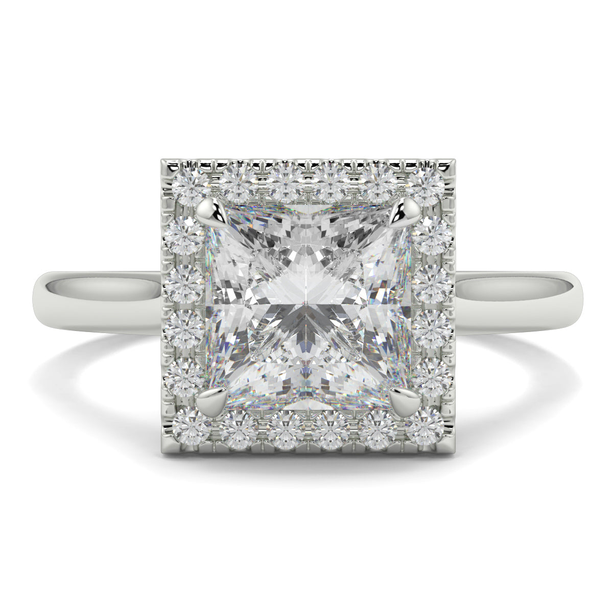 Diamond ring with a square-cut center stone on a white background Yb jewellers princess cut diamond halo plain shoulders 