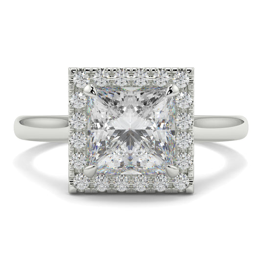 Diamond ring with a square-cut center stone on a white background Yb jewellers princess cut diamond halo plain shoulders 