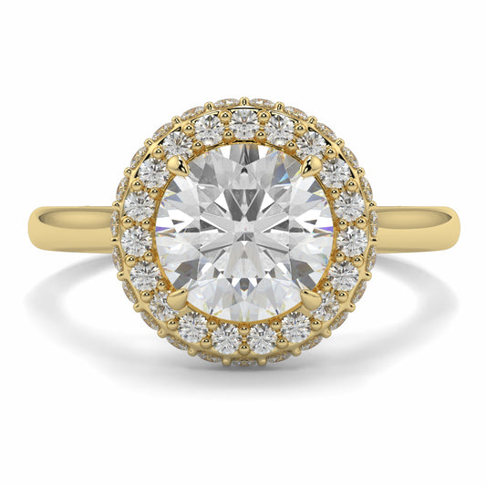 Gold ring with a large diamond and smaller diamonds around on a white background yb jewellers round diamond halo ring with plain shoulders trending bestseller design