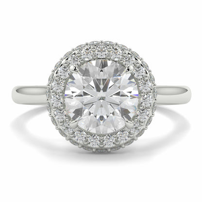 Diamond ring with a halo of smaller diamonds on a white background yb jewellers round diamond halo ring with plain shoulders trending bestseller design