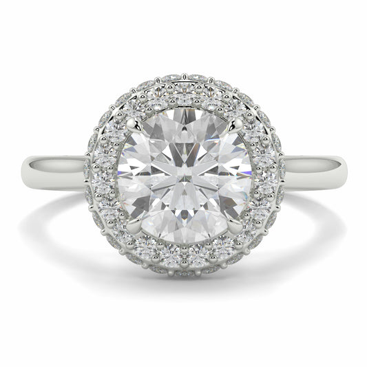 Diamond ring with a halo of smaller diamonds on a white background yb jewellers round diamond halo ring with plain shoulders trending bestseller design
