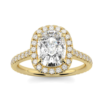 Gold ring with a large central diamond and smaller diamonds around on a white background YB Jewellers engagement ring best value