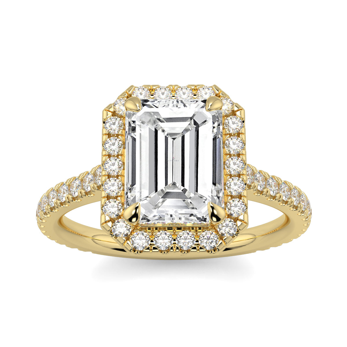 Gold ring with emerald-cut diamond and smaller diamonds on a white YB_Jewellers_Engagement_Ringbackground