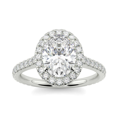 Diamond ring with a central gemstone and halo on a white background yb jewellers oval engagement ring best value