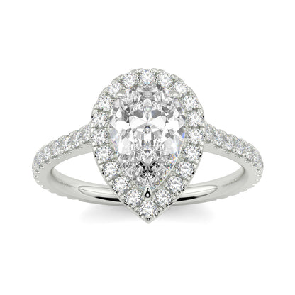 Diamond ring with a pear-shaped center stone on a white background yb jewellers Pear engagement ring 