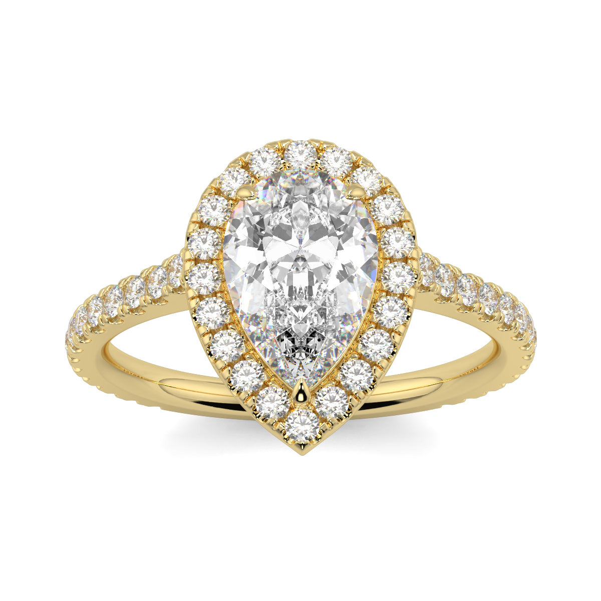 Gold ring with a large central diamond and smaller diamonds around on a white background yb jewellers Pear engagement ring 