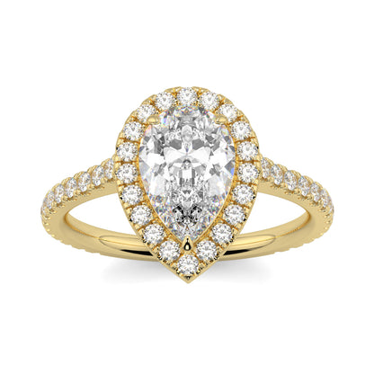 Gold ring with a large central diamond and smaller diamonds around on a white background yb jewellers Pear engagement ring 