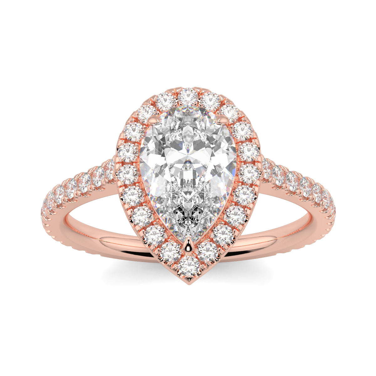 Rose gold ring with a pear-shaped diamond and smaller diamonds on a white background yb jewellers Pear engagement ring 