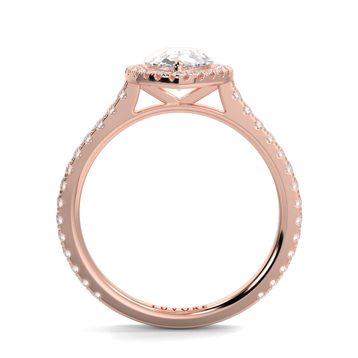 Rose gold ring with a diamond on a white background yb jewellers Pear engagement ring 